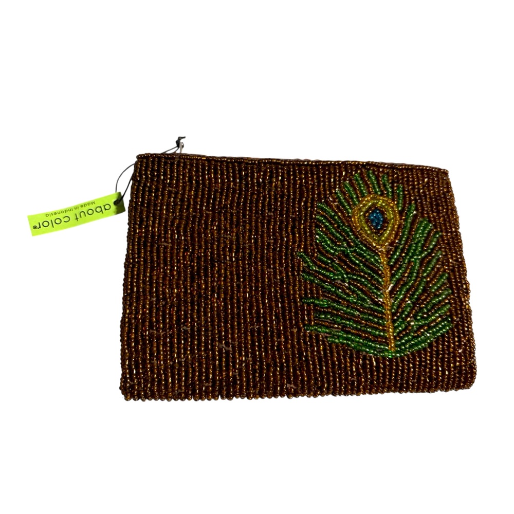 NWT Vintage-look Beaded Peacock Feather Zippered Pouch, Retro Unique Quirky